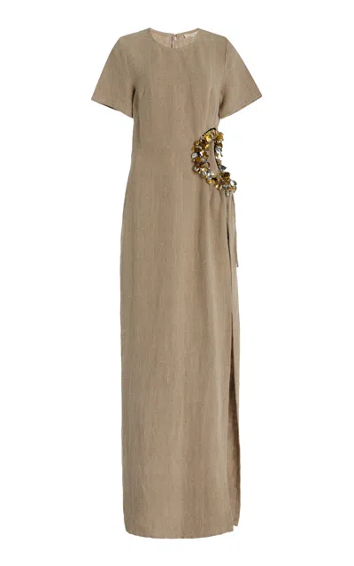 Diotima Seaford Embellished Linen Maxi Dress In Brown