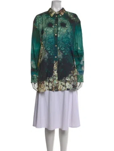 Pre-owned Diotima Silk Printed Button-up Top In Green