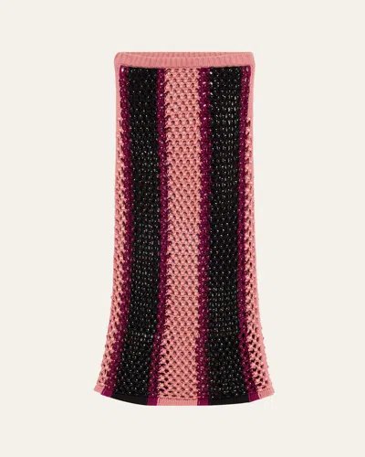 Diotima Spice Crystal Striped Crochet Knit Midi Skirt In Pink