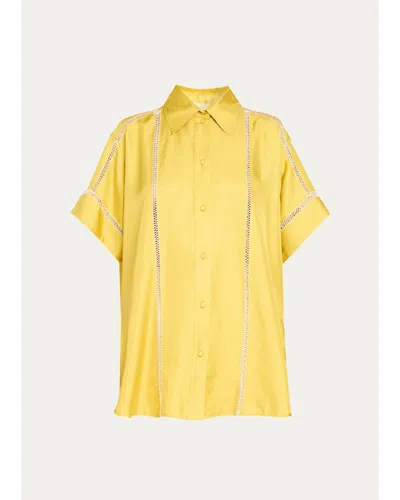 Diotima Timour Short-sleeve Hand Stitched Silk Button-down Shirt In Cadmium Yellow