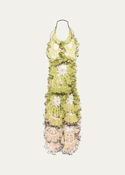 Diotima Totem Halter Backless Crochet Dress In Lime & Beige