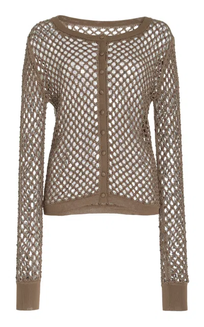 Diotima Zora Crystal Mesh Cotton Cardigan In Brown