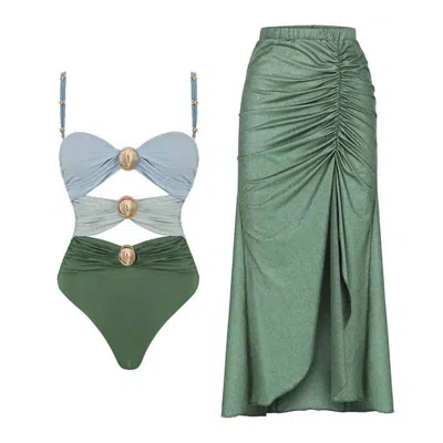 Dipped Shop Women's Hollow Out Swimwear With Cover Skirt Set In Green