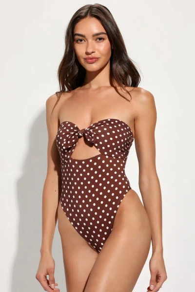 DIPPIN DAISYS DEVON BROWN POLKA DOT STRAPLESS KNOTTED ONE-PIECE SWIMSUIT
