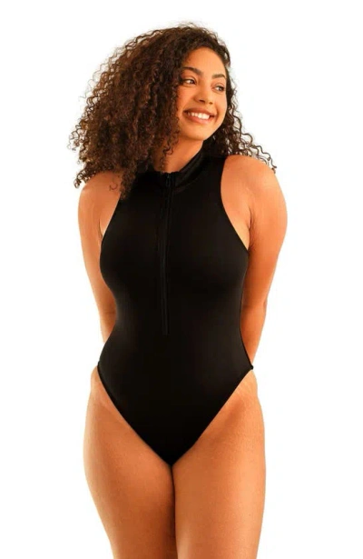 Dippin Daisys Off-shore Front Zipper Sleeveless One Piece In Black