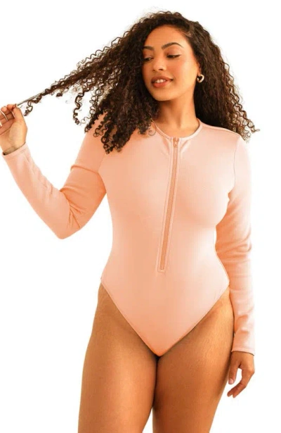 Dippin Daisys Shoal Front Zipper Long Sleeve One Piece In Sunset Pink