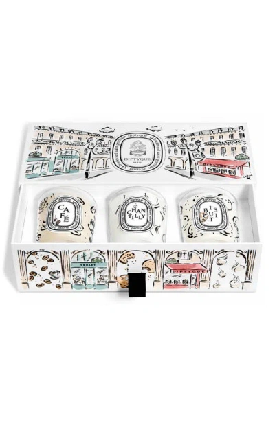 Diptyque Café (coffee), Chantilly (whipped Cream) & Biscuit (cookie) 3-piece Mini Candle Set In Yellow