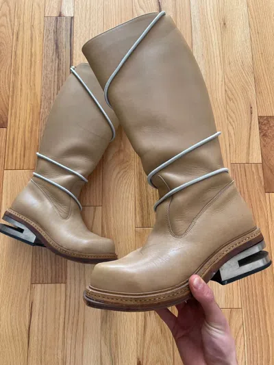 Pre-owned Dirk Bikkembergs Knee High Bungee Cord Metal/ Leather Boots In Brown