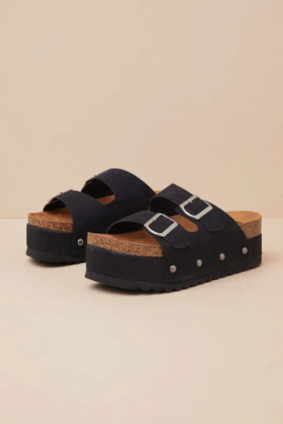Dirty Laundry Pueblo Black Suede Platform Buckle Slide Sandals
