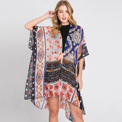 Discontinued Abstract Flower Print Kimono Poncho In Black
