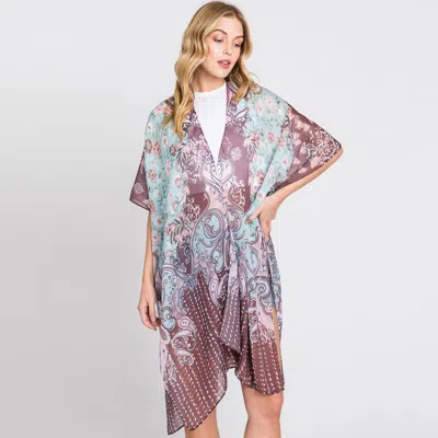 Discontinued Abstract Flower Print Kimono Poncho In Brown