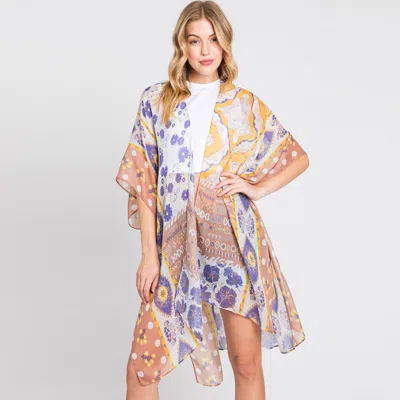 Discontinued Abstract Flower Print Kimono Poncho In Gray