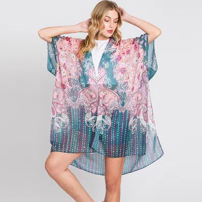 Discontinued Abstract Flower Print Kimono Poncho In Multi
