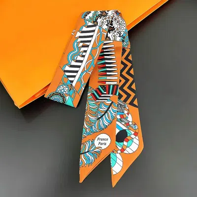 Discontinued Abstract Pattern Print Silky Twilly Skinny Scarf In Green