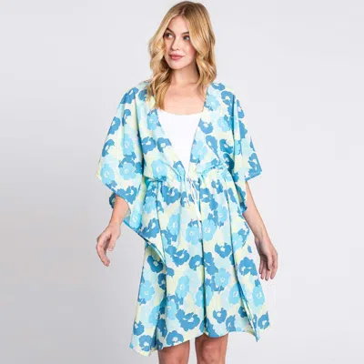 Discontinued Flower Print Self-tie Drawstring Open Front Cover-up Kimono Poncho In Blue