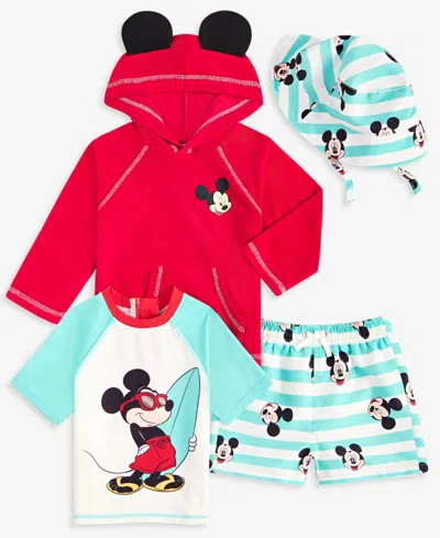 Disney Baby Boy 4-pc. Mickey Rash Guard Shirts, Swim Trunks, Hat & Hooded Coverup Set In Red