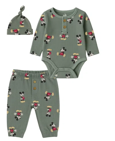 Disney Baby Boys 3-piece Mickey Mouse Bodysuit, Hat And Pants Set In Green