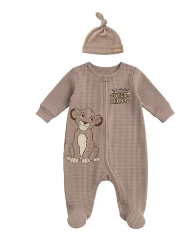 Disney Baby Boys' Lion King Footed Coverall And Hat, 2-piece Set In Brown