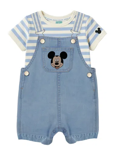 Disney Baby Boys' Mickey Mouse Bodysuit & Denim Shortall, 2-piece Set In Blue