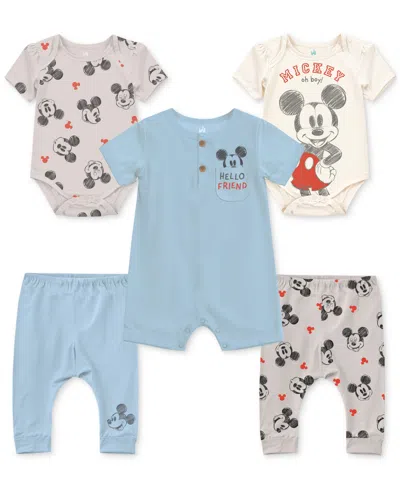 Disney Baby Boys Mickey Mouse Bodysuits, Romper & Pants, 5 Piece Set In Blue