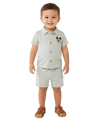 Disney Baby Boys' Mickey Mouse Button-down Shirt And Shorts, 2-piece Set In Gray