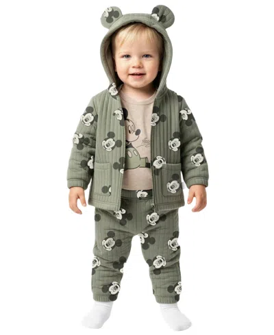 Disney Baby Boys' Mickey Mouse Jacket, Short-sleeve Bodysuit & Pants, 3-piece Set In Green