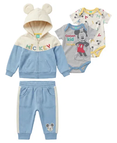Disney Baby Boys' Mickey Mouse Long-sleeve Hoodie, 2 Bodysuit And Pants, 4-piece Set In Blue