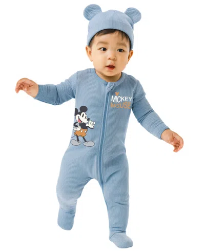 Disney Baby Boys' Mickey Mouse Ribbed Sleep And Play Coverall In Blue