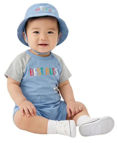 Disney Baby Boys' Mickey Print Romper And Hat, 2-piece Set In Blue