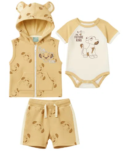 Disney Baby Boys' Simba Print Vest, Bodysuit, And Shorts, 3-piece Set In Brown