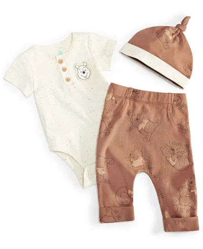 Disney Baby Boys Winnie-the-pooh Bodysuit, Pants & Hat, 3 Piece Set In Ivory,brown