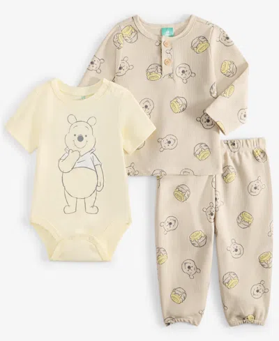 Disney Baby Boys Winnie-the-pooh Bodysuit, Thermal Henley Top & Thermal Pants, 3 Piece Set In Taupe