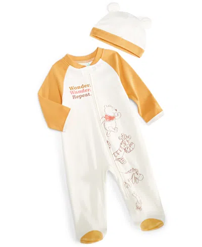 Disney Baby Boys Winnie-the-pooh Footed Coverall & Hat, 2 Piece Set In White