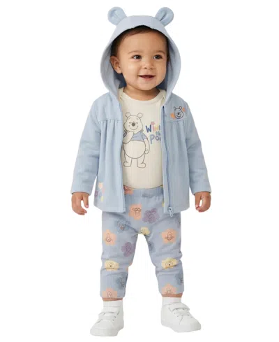 Disney Baby Boys' Winnie-the-pooh Print Jacket, Bodysuit And Pants, 3-piece Set In Blue