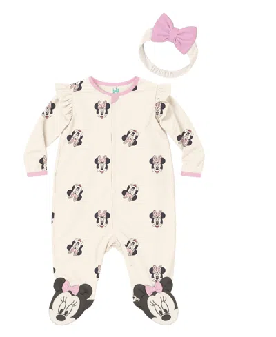 Disney Baby Girls 2-piece Minnie Mouse Sleep-and-play Coverall And Headband Set In Neutral