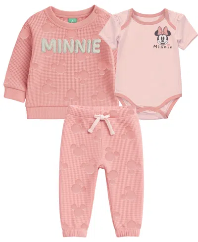 Disney Baby Girls 3-piece Minnie Mouse Print Sweatshirt, Bodysuit And Pants Set In Pink