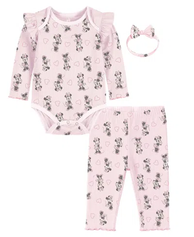 Disney Baby Girls 3-piece Minnie Printed Bodysuit, Pants And Headband Set In Pink