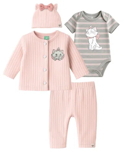 Disney Baby Girls 4-piece Marie The Cat Ribbed Velour Cardigan, Pants, Bodysuit And Hat Set In Pink