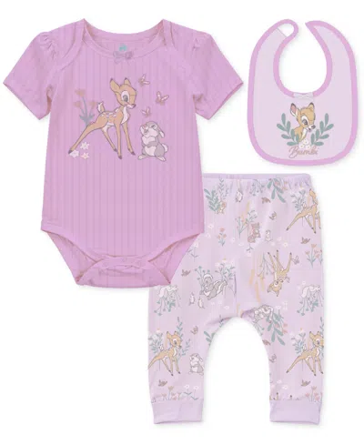 Disney Baby Girls Bambi Bodysuit, Pants & Bib, 3 Piece Set In Purple