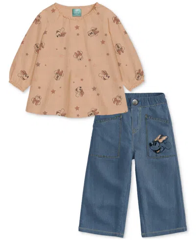 Disney Baby Girls Cotton Minnie Mouse Gauze Top & Denim Pants, 2 Piece Set In Brown