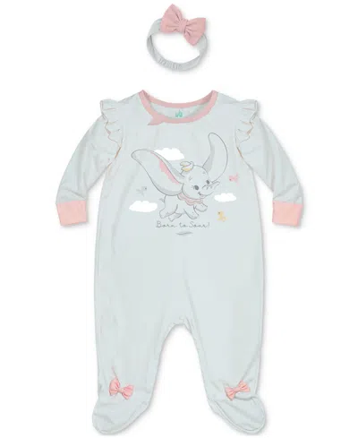 Disney Baby Girls Dumbo Footed Coverall & Headband, 2 Piece Set In Blue
