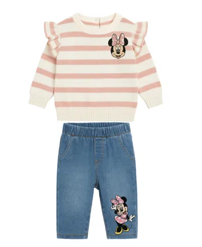 Disney Baby Girls' Minnie Character Top And Denim Pants, 2-piece Set In Pink