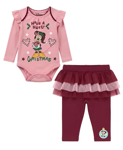 Disney Baby Girls' Minnie Christmas Long-sleeve Holiday Bodysuit And Pants, 2-piece Set In Brown