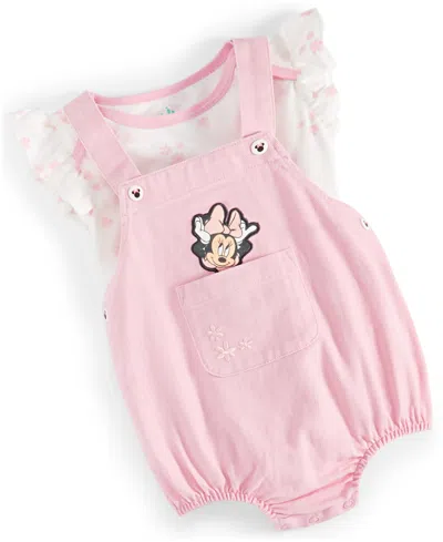 Disney Baby Girls Minnie Mouse Bodysuit & Woven Denim Shortall, 2 Piece Set In Pink