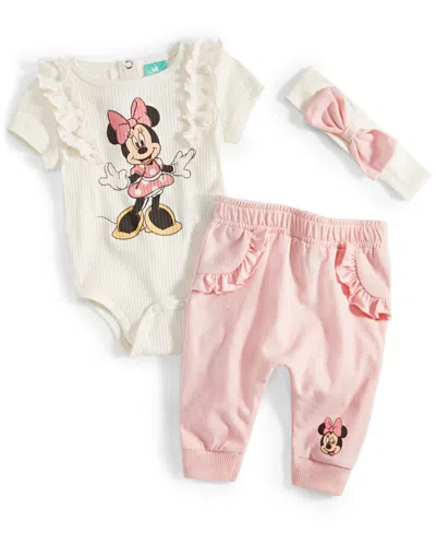 Disney Baby Girls Minnie Mouse Bodysuit, Headband & Pants, 3 Piece Set In White,pink
