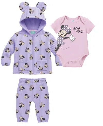 Disney Baby Girls' Minnie Mouse Bodysuit, Hooded Jacket & Pants, 3-piece Set In Multi