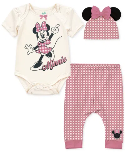 Disney Baby Girls Minnie Mouse Bodysuit, Pants & Hat, 3 Piece Set In Pink