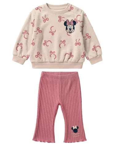 Disney Baby Girls' Minnie Mouse Bow Print Sweatshirt And Ribbed Leggings, 2-piece Set In Multi