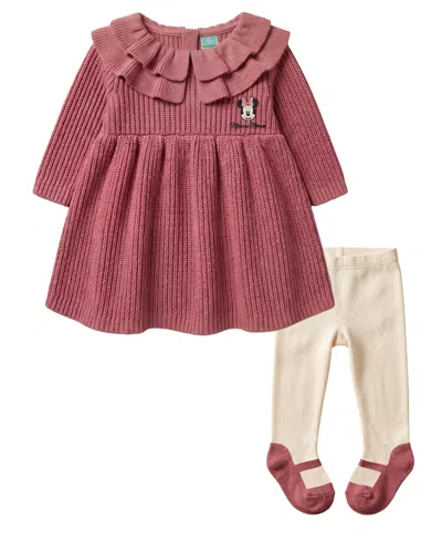 Disney Baby Girls' Minnie Mouse Embroidered Sweater Dress And Tights, 2-piece Set In Brown