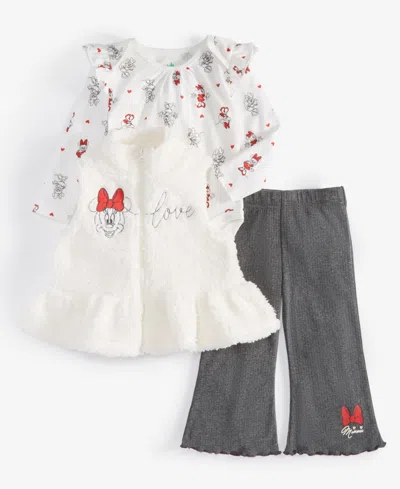 Disney Baby Girls Minnie Mouse Faux-fur Vest, Printed Bodysuit & Flared Pants, 3 Piece Set In Multi